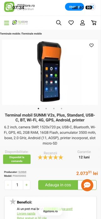 Terminal Pos Sunmi V2S-nou-GLOVO/BOLT FOOD