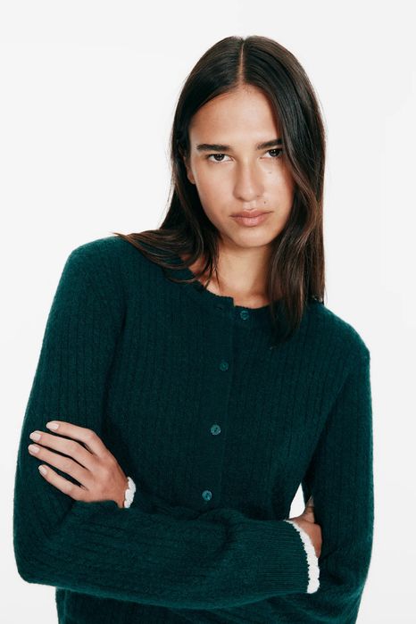 Дамска жилетка H&M с едра плетка, размер - XS, тъмно зелена