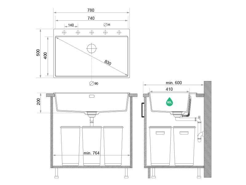 Черна Кухненска Мивка от гранит Осло 80 XXL Top 780 x 500 mm