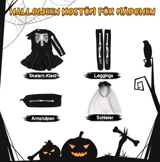 Costum Schelet Copii, mărimea M, Negru, set complet Halloween