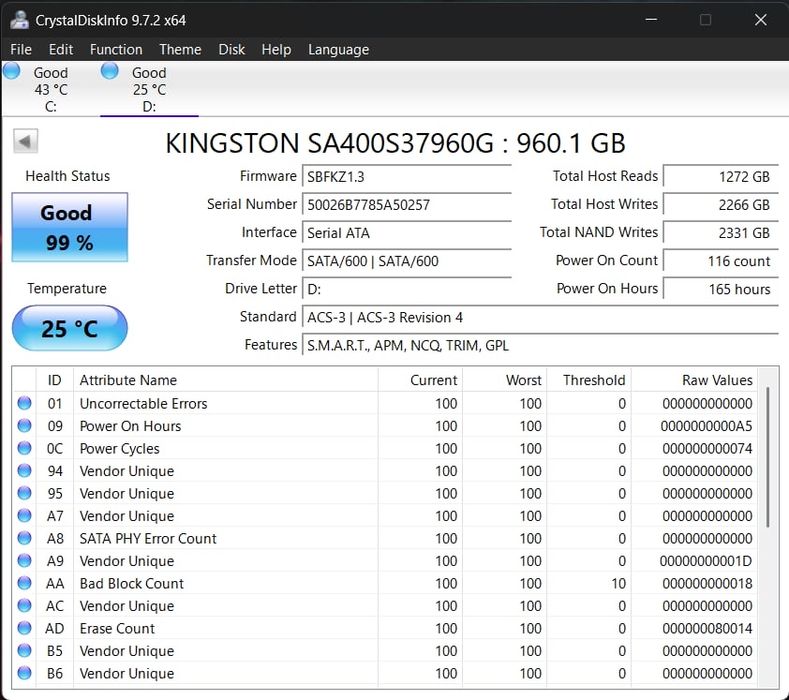 SSD Kingston A400 960GB SATA III – 2.5" – 99% Health – Testat
