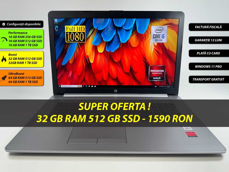 Laptop HP Probook 470 G7 i5-1020u 32 gb ram ddr4 512 gb ssd Radeon Serier Ecran Mare 17 inch Full HD Gama business Windows 11 Factura si Garantie 1 an