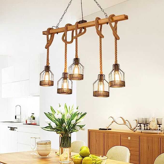 Висяща полилей винтидж ретро рустик дървена висяща черен метал 220