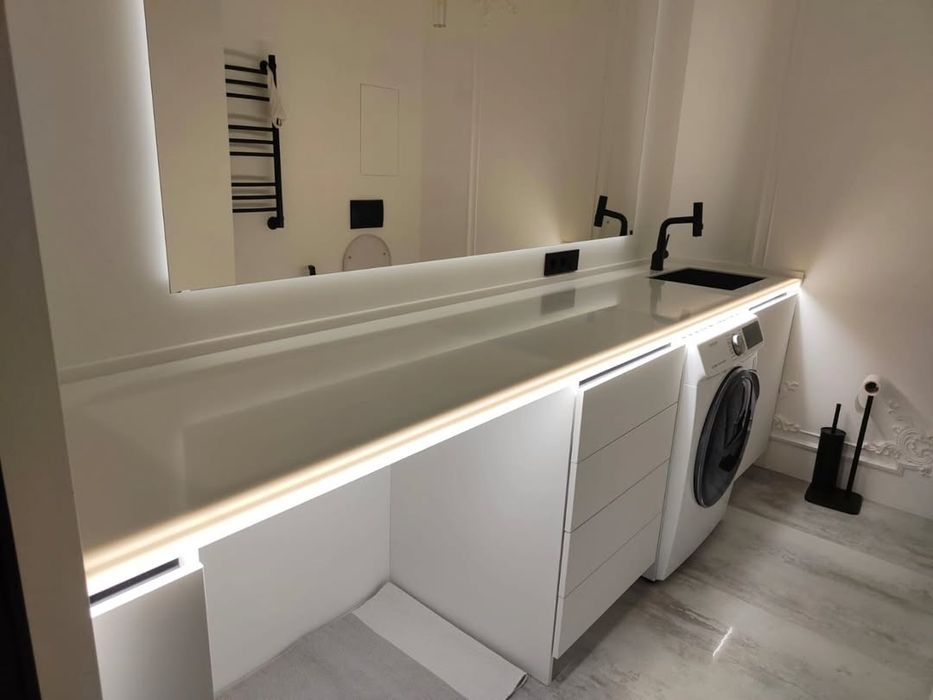 столешница из кварца, акриловая раковина, мойка на заказ,