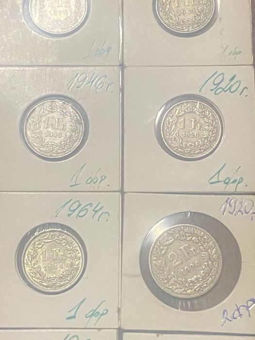 Лот сребърни швейцарски франкове 8 броя Helvetia