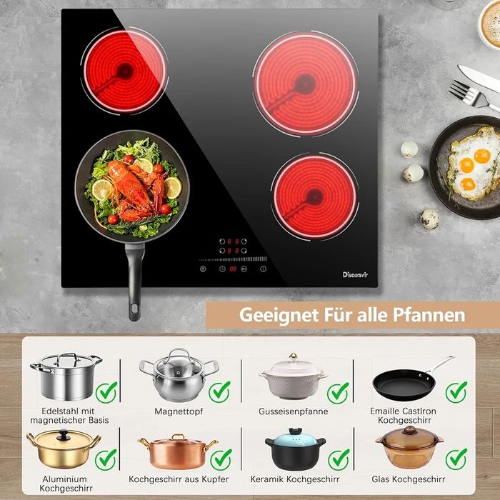 Стъклокерамичен плот за вграждане 4 зони 60см 6000W, Disaenvir