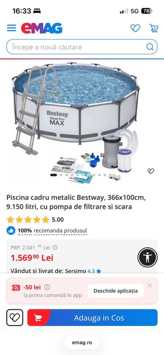 Piscina Bestway cadru metalic ,366x100 cm  9.150 litri cu pompa si scara