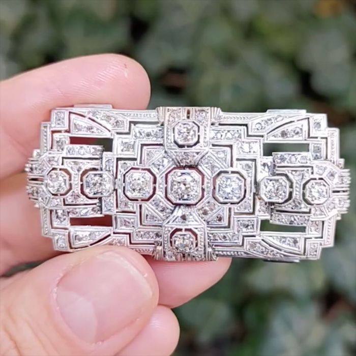 brosa autentica Art Deco cca 1930, platina, aur, diamante, certif.