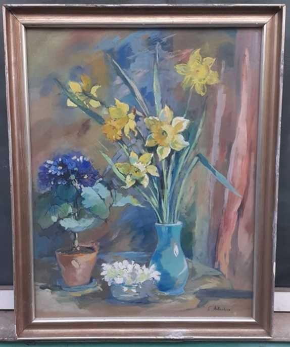 Tablou vechi - natura statica cu narcise - semnat C. Artachino
