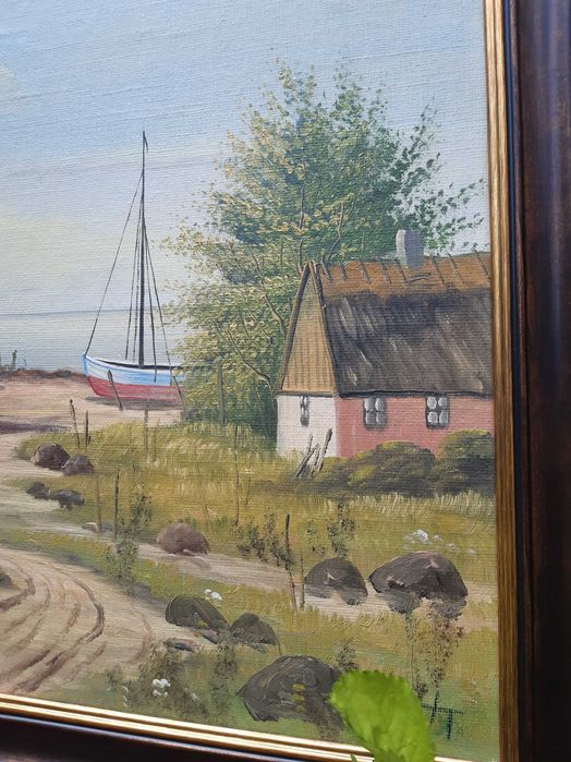 Красива Стара Картина "Рибарско Селище" Маслени Бои на Платно