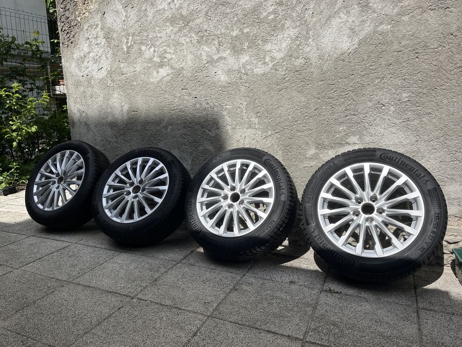 Set 4 roti complete cu anvelope noi allseason Continental Contact2 dimensiune 215/55R17 jante 5x112 R17 pentru gama Skoda Vw Audi impecabile, pret FIX