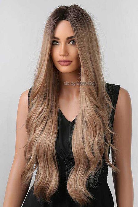 Дълга омбре тъмно руса чуплива перука с тъмни корени