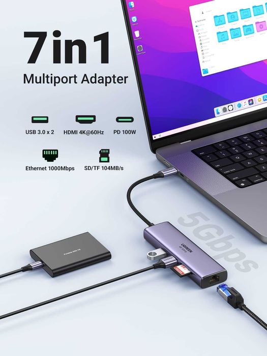 Adaptor USB-C, hub 7 in 1, HDMI 4K