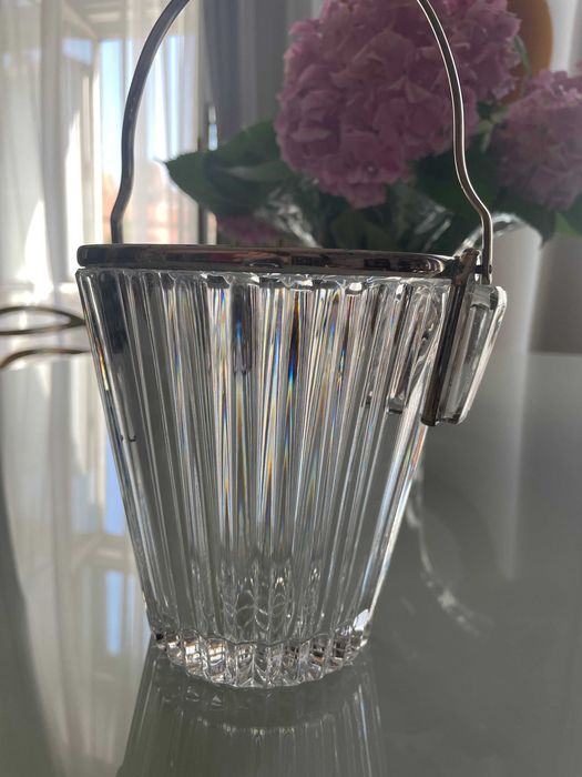 Ice Bucket, frapiera gheata din cristal prinderi argintate Mid Century