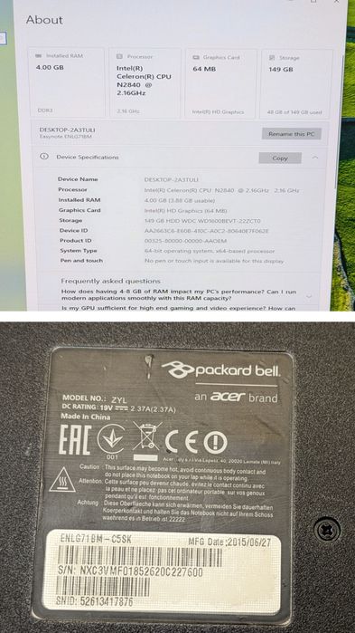 Laptop Packard Bell ZYL ecran defect