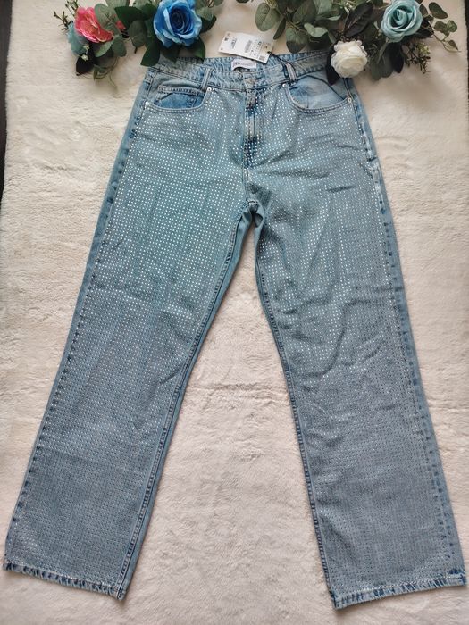 Blugi drepti-largi Zara cu strasuri masura 42