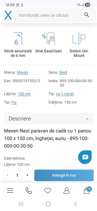 Mexen Next paravan de cadă cu 1 panou 100 x 150 cm, înghețat, auriu
