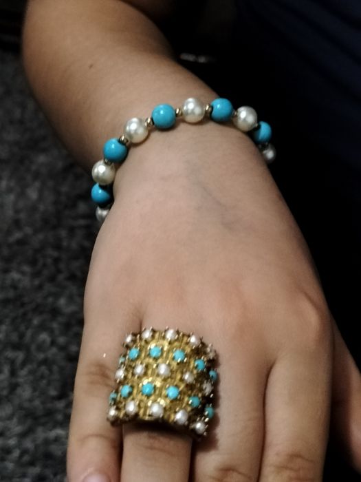 Set bijuterii boho- colier, brățară, cercei și inel, turcoaz & perle