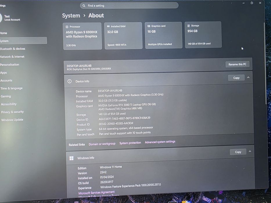 Asus Zephyrus G16 Duo 6900HX, RTX 3080TI, 32GB, 1TB, 4k touch + 2k screen