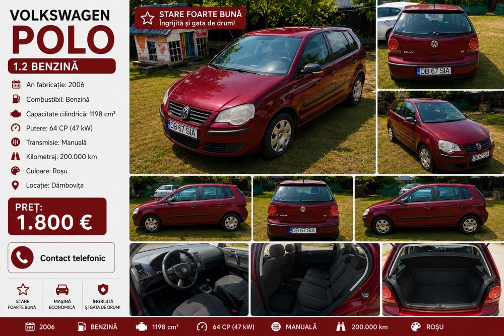 Volkswagen Polo 1.2 Benzină – 2006 – 200.000 km – 1.700 €