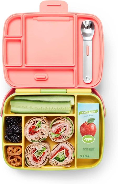 MUNCHKIN Bento Lunch Box – Детска кутия за храна с 5 отделения и прибори, жълта, 18+ месеца