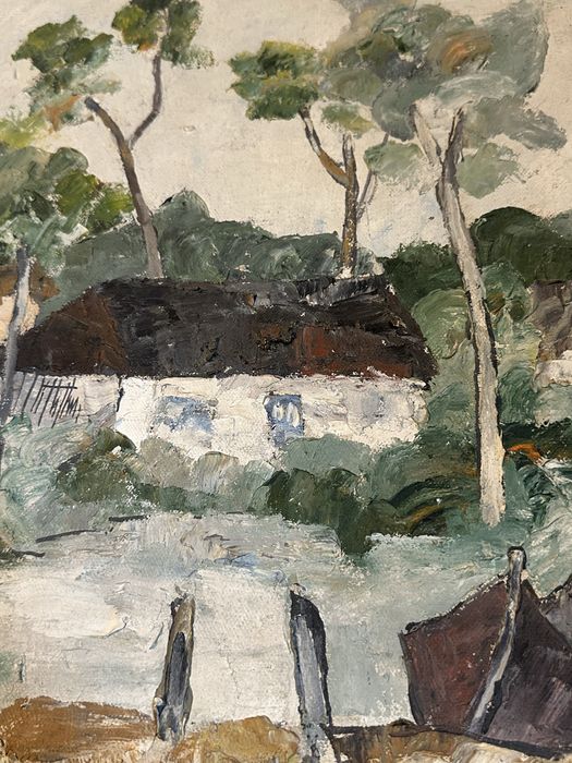 Tablou Vasile Lazarescu 1985 ulei pe panza peisaj rural casa rama 53x63cm`