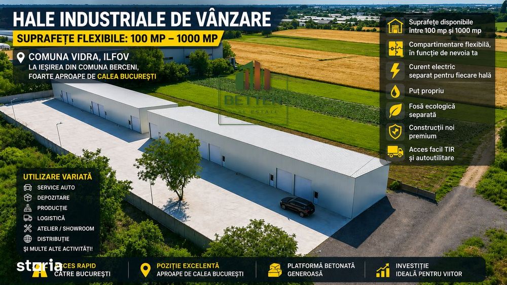Hale Industriale de Vânzare | 100 – 1000 mp | Vidra Lângă Com. Berceni