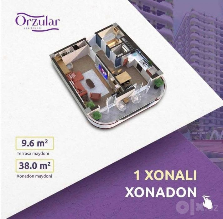 1-комнатная квартира Юнусабад 16, Xon Saroy Orzular, терраса 10 м²