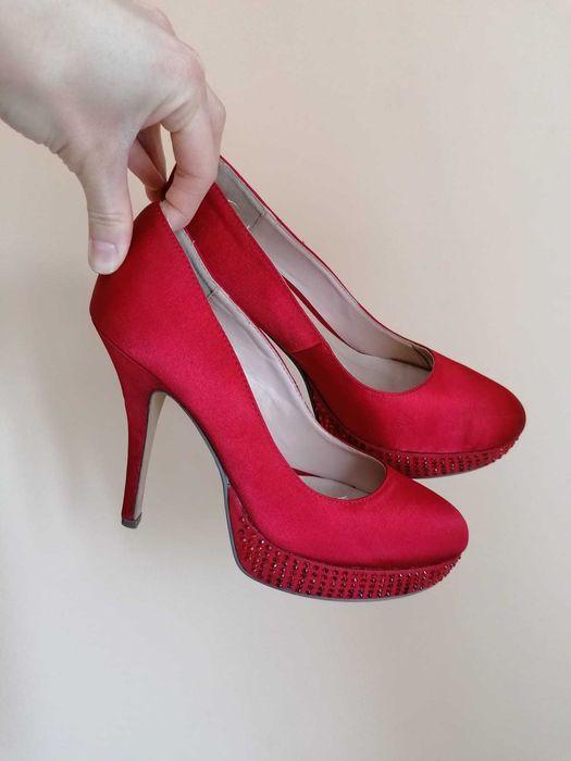 Pantofi din satin cu toc, dama, rosii, marimea 38