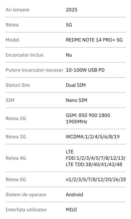 Telefon mobil Xiaomi Redmi Note 14Pro+,  12GB RAM,512GB,5G,Frost Blue