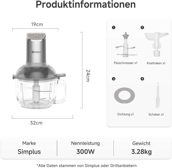 Кухненски чопър SIMPLUS 2.5 л, 300 W, стъклена купа, месене