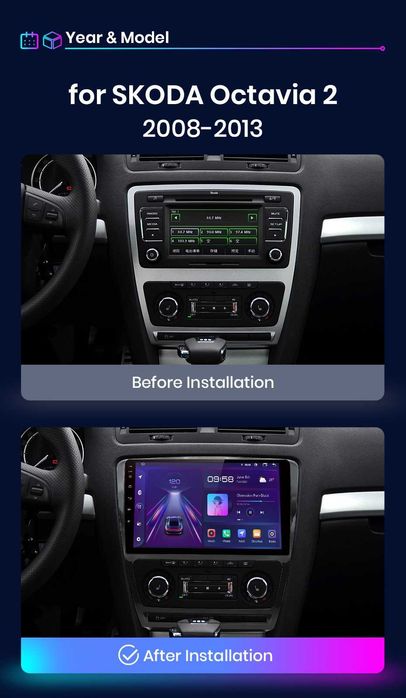 10” 2-DIN за Skoda Octavia 2007/13 Android 14, 4/64GB, 1280x720, CP AA