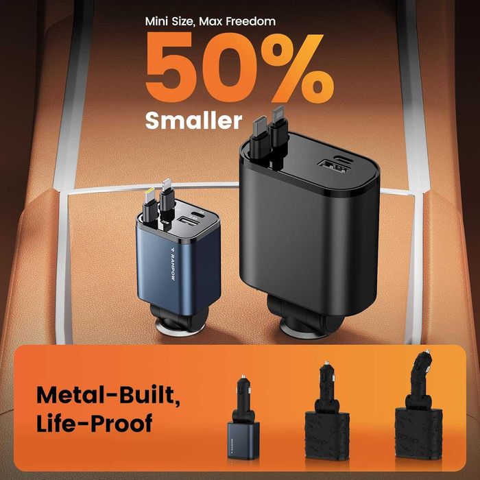 Încărcător auto 65W 4 în 1 cu cabluri retractabile Rampow