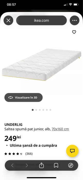 Vând pat IKEA, ca nou (bebelușul a dormit acolo o lună), plus o saltea