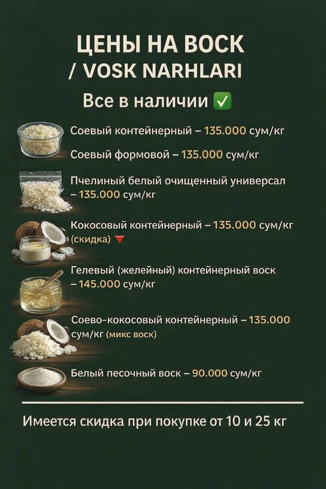 Все виды воска для свечей - соевый, кокосовый, пчелиный, гелевый.