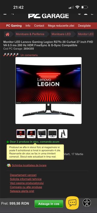 Monitor gaming Lenovo Legion curbat 280hz
