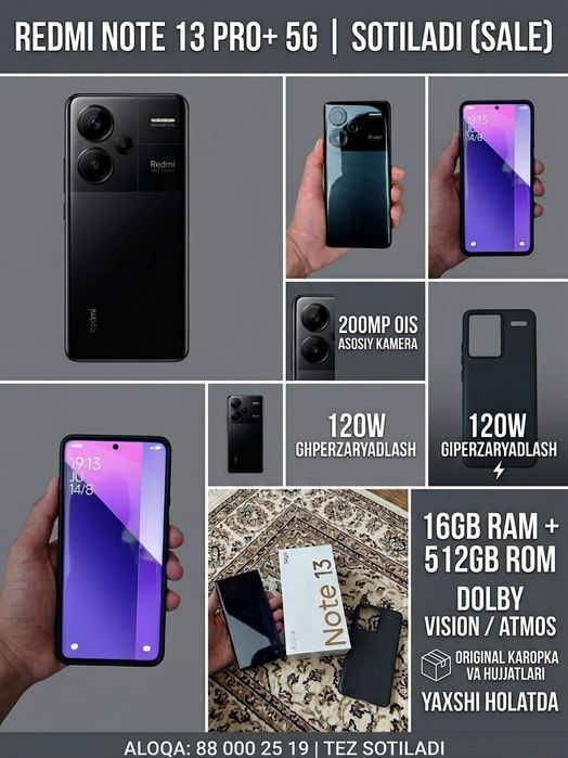 Redmi Note 13 Pro+ 5G (Qora rang / Black).