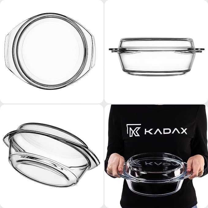 Стъклена касерола KADAX, огнеупорна форма с капак и дръжки за лазаня, термоустойчива форма за готвене, печене, запичане на фурна (кръгла, 2.8 л)