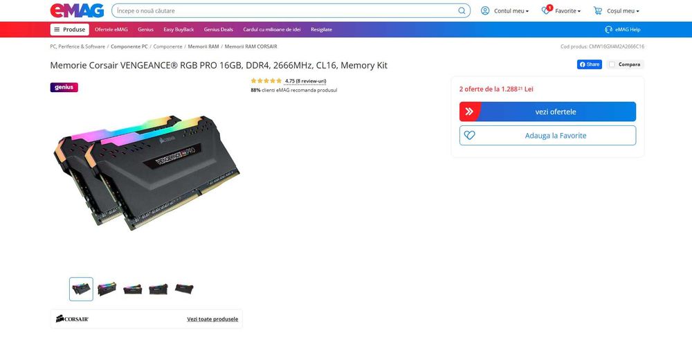 Vand/-Memorie Corsair VENGEANCE RGB PRO 16GB,DDR4,2666MHz,CL16,Kit.