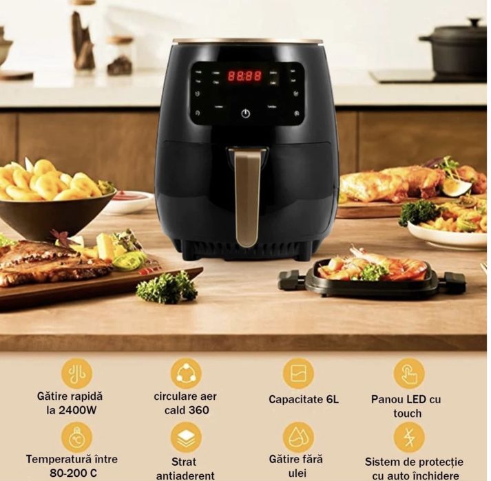 Friteuza cu aer cald Air Fryer,Display Digital pentru familie Functie de Coacere 6L