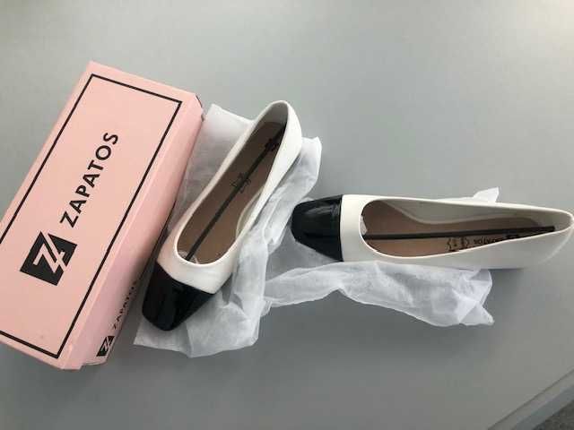 Дамски обувки с нисък ток - бяло и черно - НОВИ!