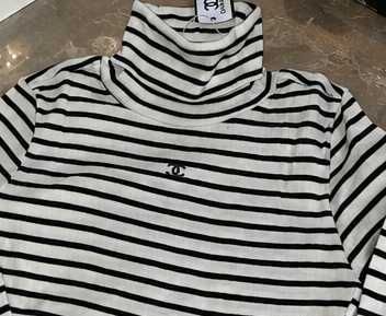 chanel блузка поло с дълъг ръкав тънка пролетна на райе и рипс от памук нова. бяла черна шанел