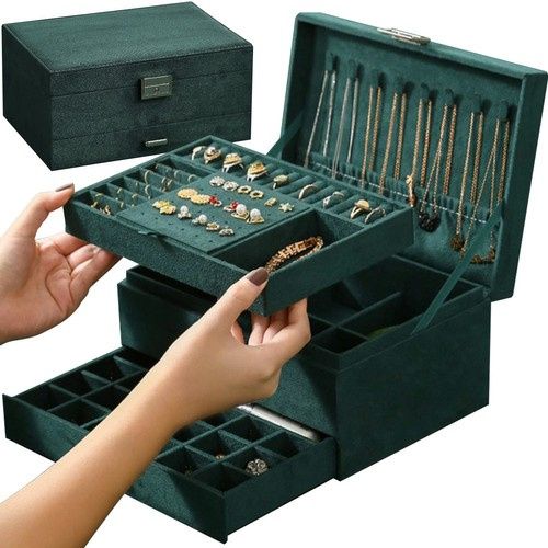 Cutie de bijuterii elegantă verde royal – cu cheie, compartimentată, 11,5 × 24,5 × 17,5 cm