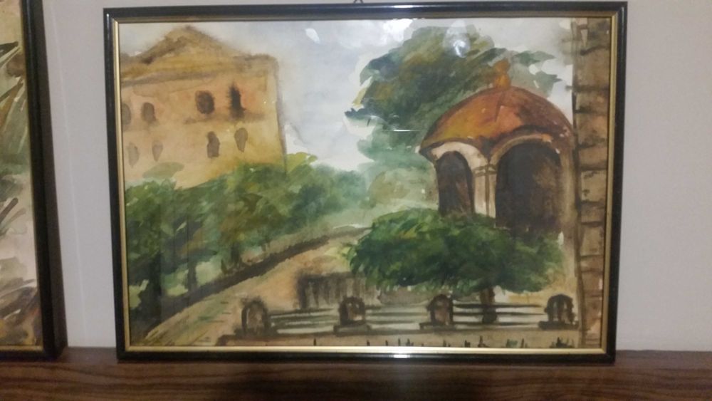 Селска черква. Картина, рисувана на ръка с акварелни бои.