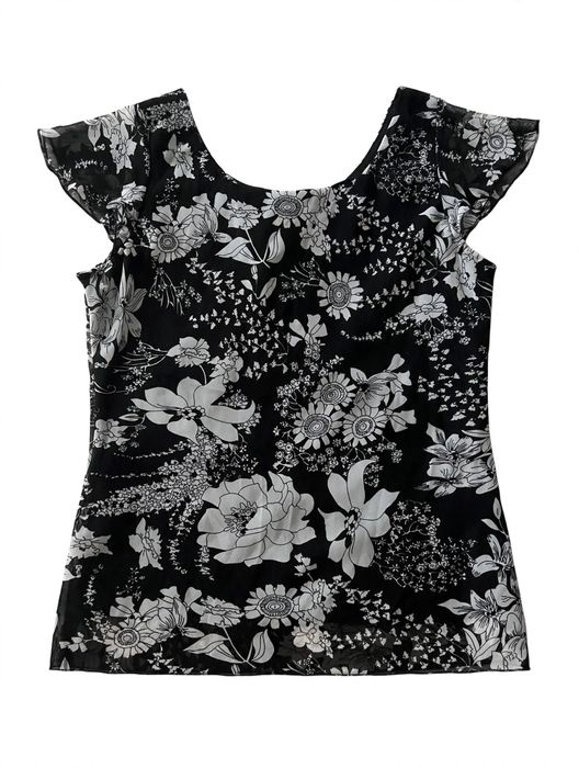 Bluza neagra voal cu flori albe si fundita - Marime M