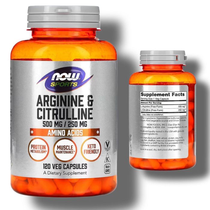 Аргинин с цитруллином 120 капсул NOW  Sports Arginine & Citrulline