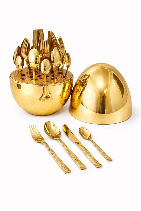 Set tacamuri aurii din inox premium, 24 piese, suport premium in forma de ou, finisaj lucios, model elegant