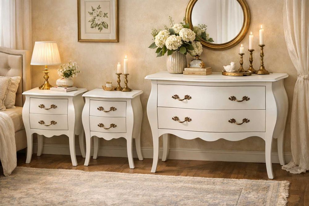 Comoda Vintage Alba din lemn cu 2 sertare; Comoda Stil Baroc