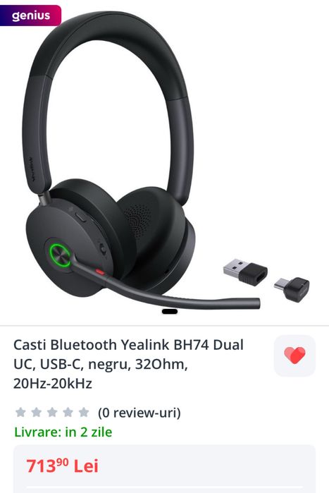 Casca gaming stereo cu microfon Wireless Bluetooth Yealink BH74 USB-C 20Hz-20kHz
