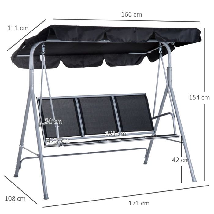 Outsunny Balansoar de Gradina cu 3 Locuri din Metal Acoperis Copertina Detasabil, Nou